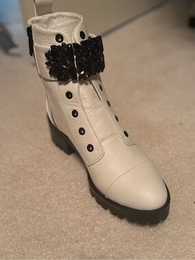Karl Lagerfeld White Ankle Boot with Black Jeweled Strap